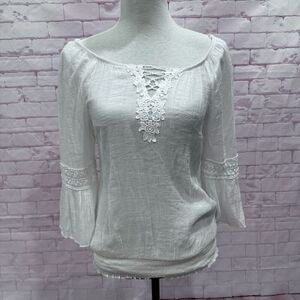 White Lace Peasant Top Blouse 3/4 Sleeve Bohemian Off Shoulder Casual